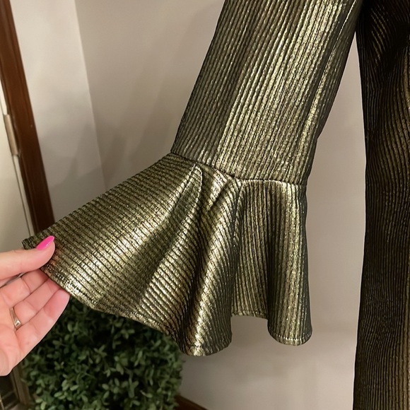 BCBG MaxAzria Gold metallic Valari Dress textured stripe XS bell 3/4 sleeves - Picture 4 of 12